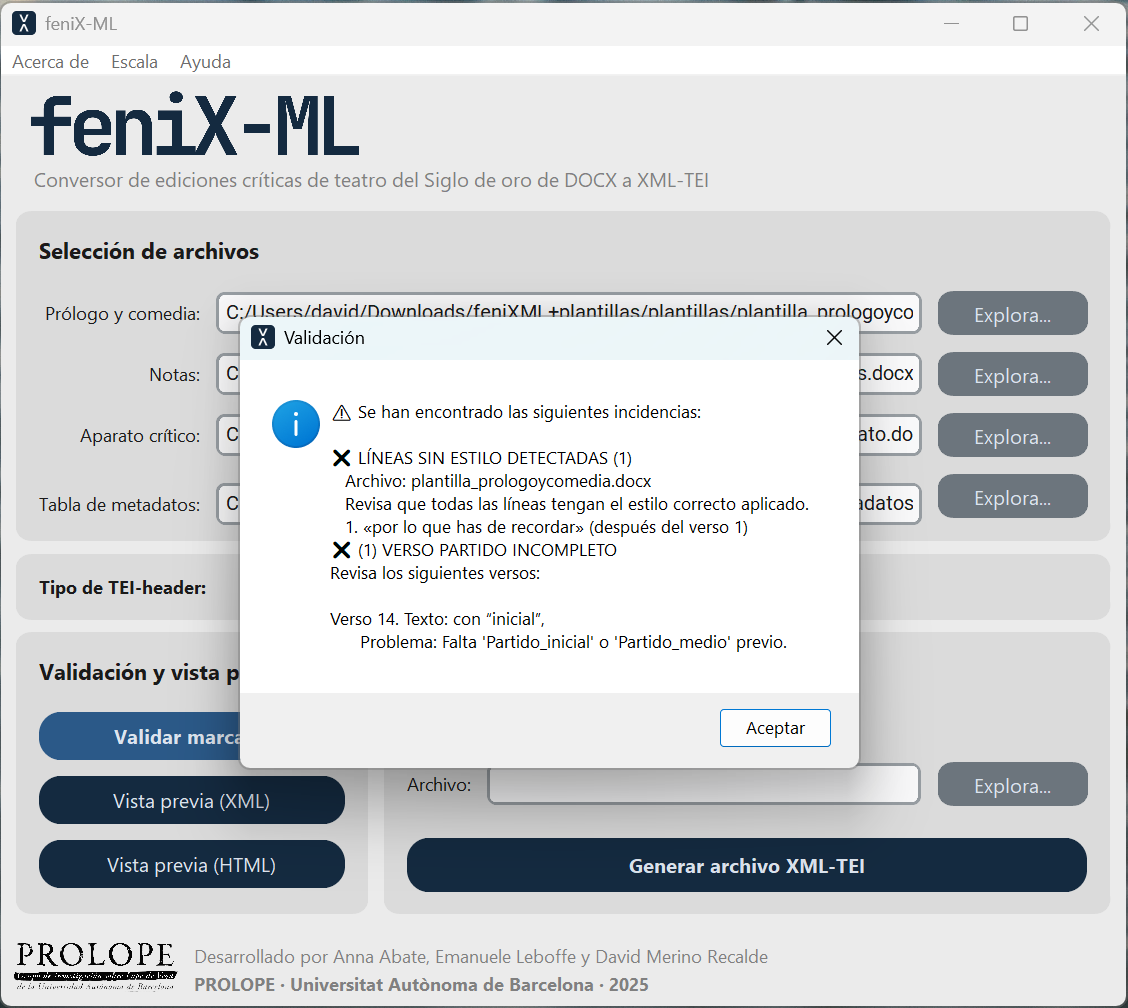 Mensaje de validación con errores