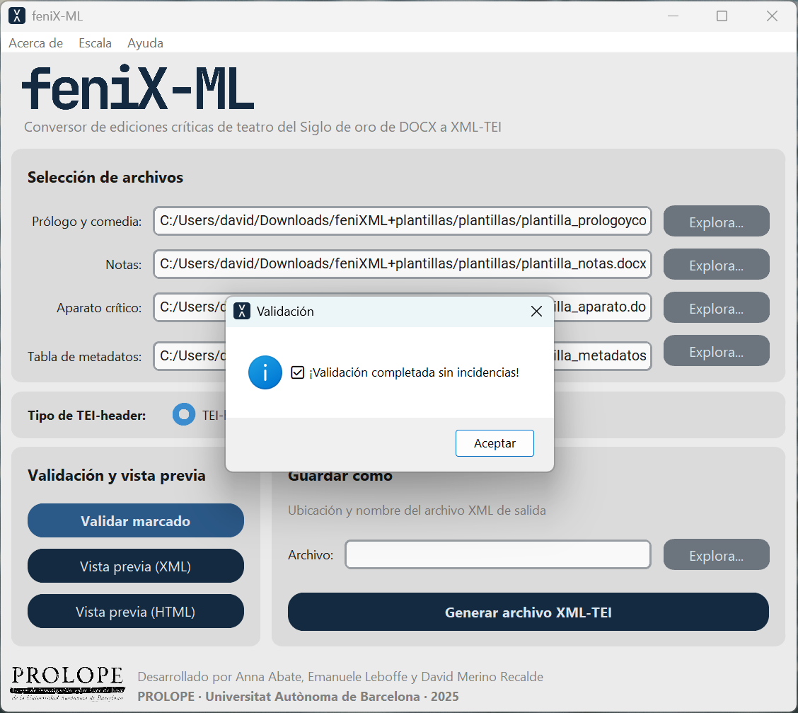 Mensaje de validación sin errores